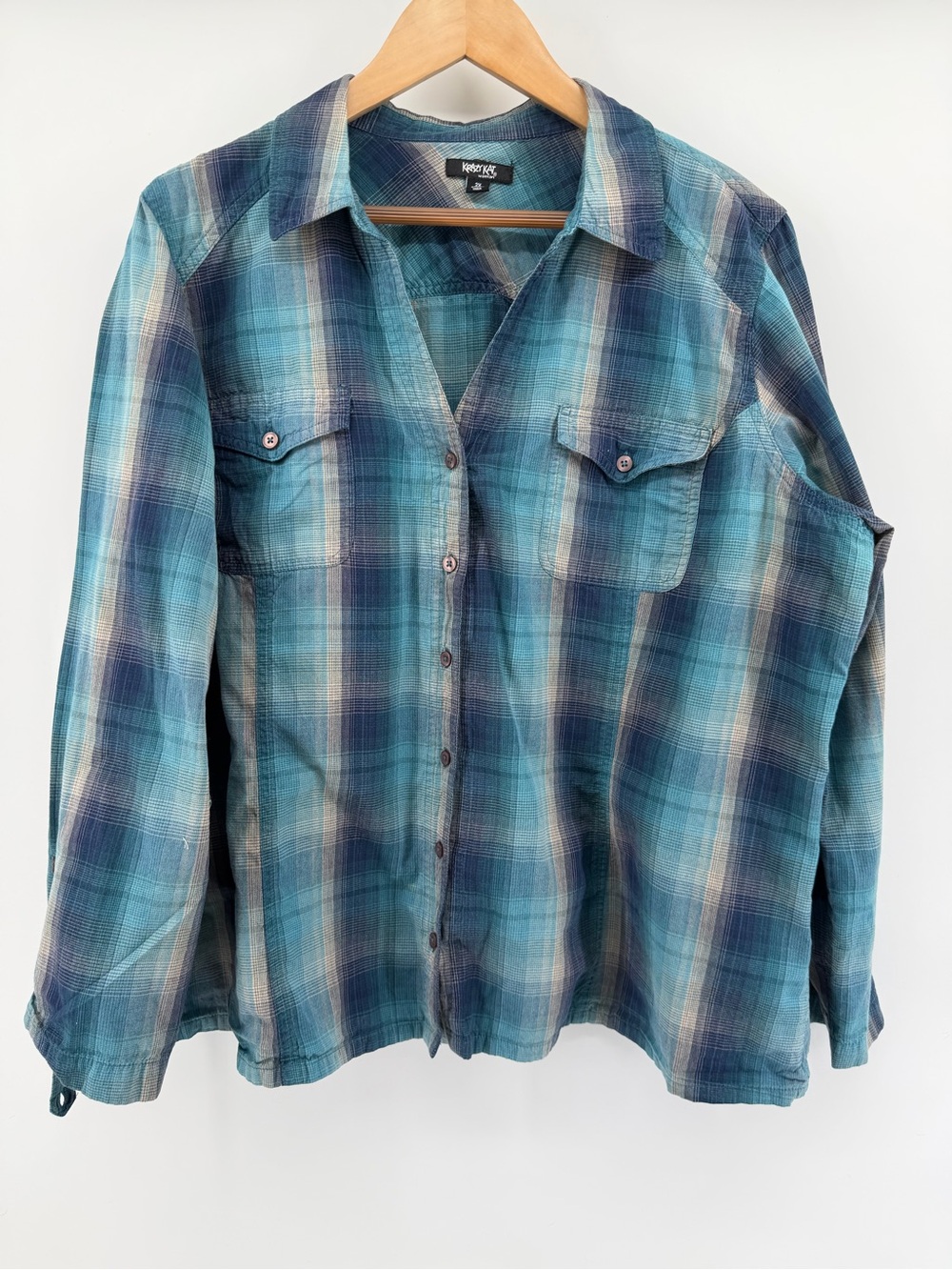 krazy kat Teal and Navy Plaid Button-Down Shirt